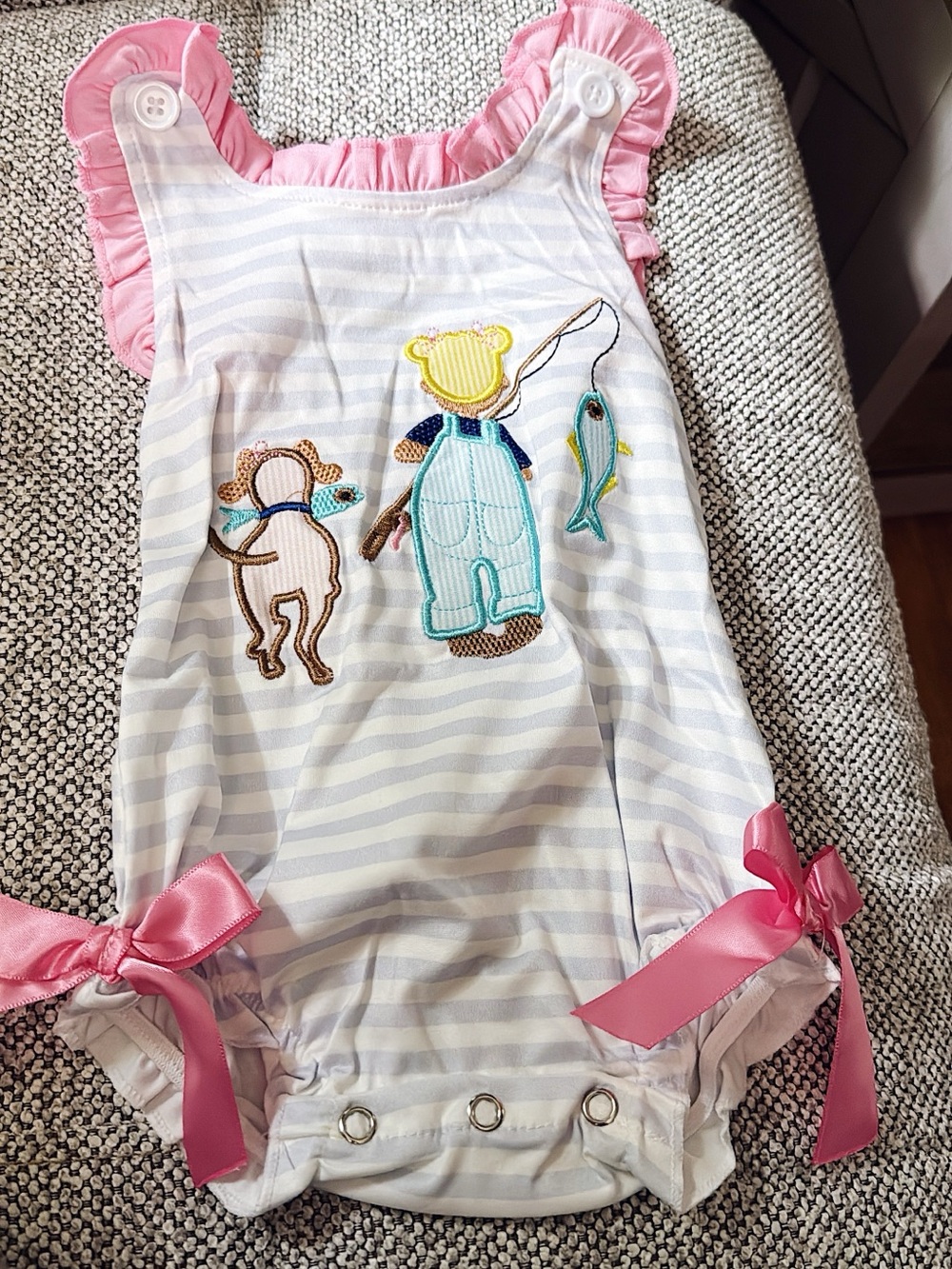 Striped Baby Romper with Fishing Applique and Pink Ruffle Bows🎀